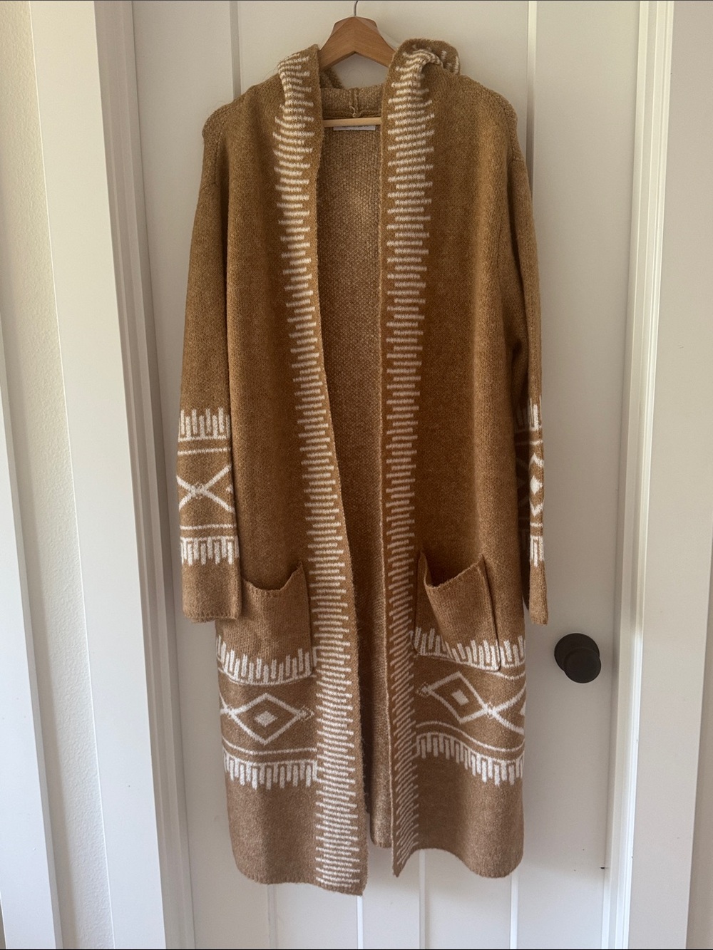 Keren Hart Brown and Cream Geometric Long Open Cardigan with Hood